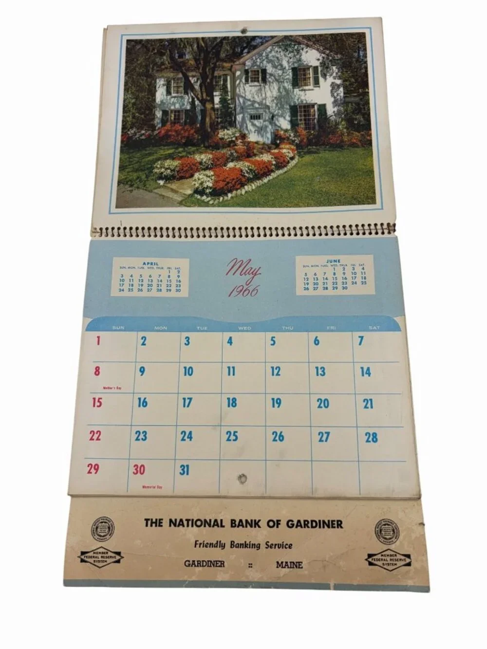 1966 National Bank Of Gardiner Maine Advertising Wall Calendar Scenic Art Decor
